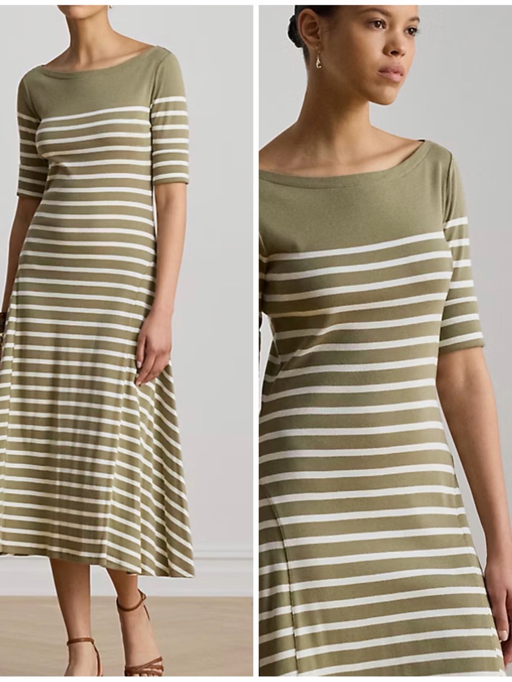 Lauren Ralph Lauren Olive and White Striped Midi Boatneck Dress